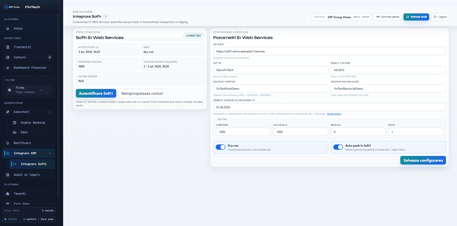 Configurare integrare Soft1 prin S1 Web Services, cu dry-run si auto-push