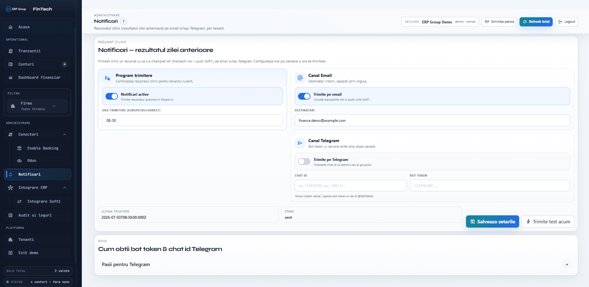 Configurare notificari zilnice pe email si Telegram